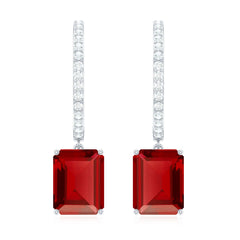 Emerald Cut Lab Created Ruby and Diamond Hoop Drop Earrings