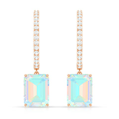 Genuine Emerald Cut Ethiopian Opal Drop Hoop Earrings