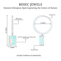 Genuine Emerald Cut Ethiopian Opal Drop Hoop Earrings
