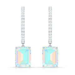 Genuine Emerald Cut Ethiopian Opal Drop Hoop Earrings