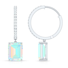 Genuine Emerald Cut Ethiopian Opal Drop Hoop Earrings