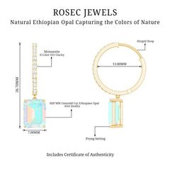 Genuine Emerald Cut Ethiopian Opal Drop Hoop Earrings