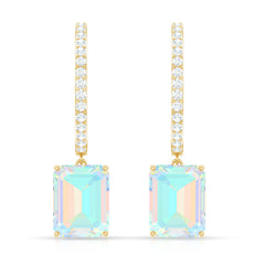 Genuine Emerald Cut Ethiopian Opal Drop Hoop Earrings
