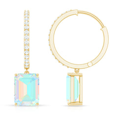 Genuine Emerald Cut Ethiopian Opal Drop Hoop Earrings