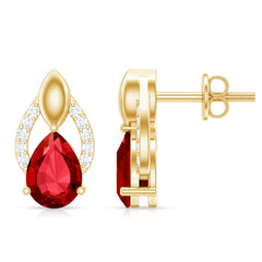 Pear Shaped Lab Created Ruby and Diamond Teardrop Stud Earrings