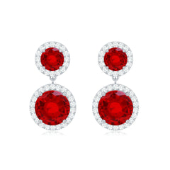 Certified Created Ruby and Diamond Halo Dangle Earrings