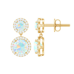 Round Ethiopian Opal and Diamond Halo Dangle Earrings