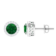 Created Emerald and Diamond Classic Halo Stud Earrings