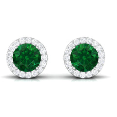 Created Emerald and Diamond Classic Halo Stud Earrings