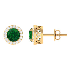 Created Emerald and Diamond Classic Halo Stud Earrings