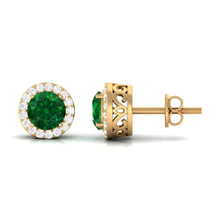 Created Emerald and Diamond Classic Halo Stud Earrings