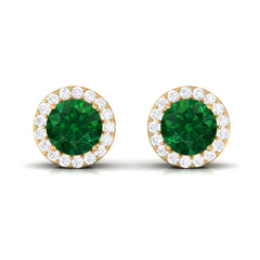 Created Emerald and Diamond Classic Halo Stud Earrings