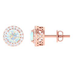 2 CT Round Ethiopian Opal Minimal Stud Earrings with Diamond Halo in Prong Setting