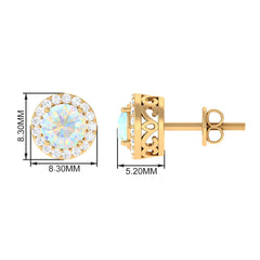2 CT Round Ethiopian Opal Minimal Stud Earrings with Diamond Halo in Prong Setting