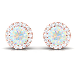 2 CT Round Ethiopian Opal Minimal Stud Earrings with Diamond Halo in Prong Setting