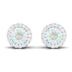 2 CT Round Ethiopian Opal Minimal Stud Earrings with Diamond Halo in Prong Setting