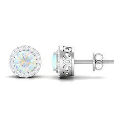 2 CT Round Ethiopian Opal Minimal Stud Earrings with Diamond Halo in Prong Setting