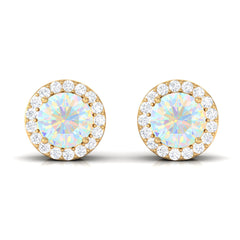 2 CT Round Ethiopian Opal Minimal Stud Earrings with Diamond Halo in Prong Setting