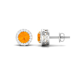 Round Fire Opal Minimal Halo Stud Earrings with Diamond