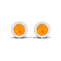 Round Fire Opal Minimal Halo Stud Earrings with Diamond