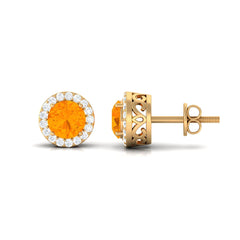 Round Fire Opal Minimal Halo Stud Earrings with Diamond