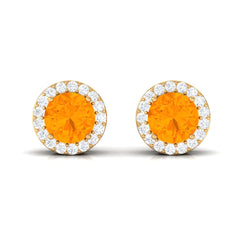 Round Fire Opal Minimal Halo Stud Earrings with Diamond