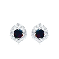 Natural Black Opal Diamond Leaf Earrings with Screw Back