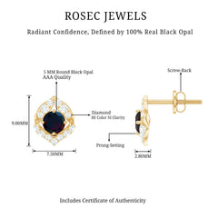 Natural Black Opal Diamond Leaf Earrings with Screw Back