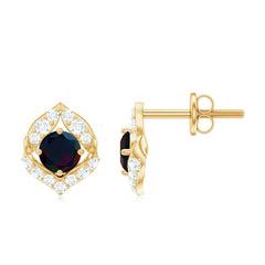 Natural Black Opal Diamond Leaf Earrings with Screw Back