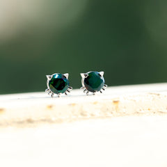 Solitaire Black Opal Cat Stud Earrings with Screw Back