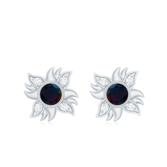 Genuine Black Opal Sunburst Stud Earrings with Diamond