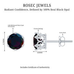 Natural Black Opal Crown Stud Earrings with Screw Back