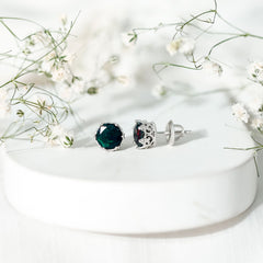 Natural Black Opal Crown Stud Earrings with Screw Back