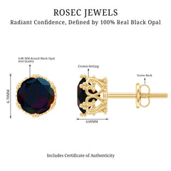 Natural Black Opal Crown Stud Earrings with Screw Back