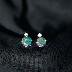 Round Black Opal Solitaire Stud Earrings with Dainty Moissanite