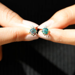 Round Black Opal Solitaire Stud Earrings with Dainty Moissanite