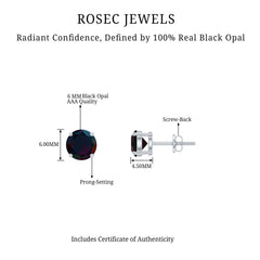 Genuine Black Opal Solitaire Stud Earrings with Screw Back