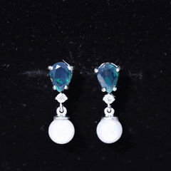Pear Cut Black Opal and Freshwater Pearl Drop Earrings with Moissanite
