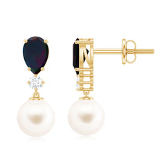 Pear Cut Black Opal and Freshwater Pearl Drop Earrings with Moissanite