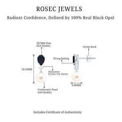 Pear Cut Black Opal and Freshwater Pearl Drop Earrings with Moissanite