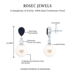 Freshwater Pearl Drop Earrings with Black Opal and Moissanite