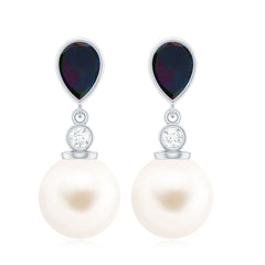 Freshwater Pearl Drop Earrings with Black Opal and Moissanite