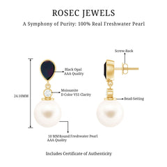 Freshwater Pearl Drop Earrings with Black Opal and Moissanite