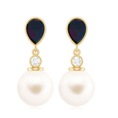 Freshwater Pearl Drop Earrings with Black Opal and Moissanite