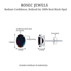 Real Black Opal Solitaire Stud Earrings in 4 Prong Setting