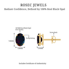 Real Black Opal Solitaire Stud Earrings in 4 Prong Setting