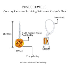 8MM Cushion Cut Citrine Solitaire Drop Earrings