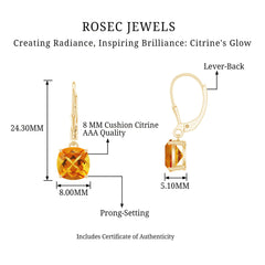 8MM Cushion Cut Citrine Solitaire Drop Earrings