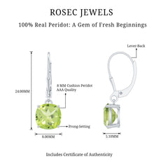 4 Carat Cushion Cut Peridot Solitaire Drop Earrings with Leverback