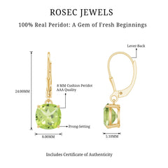 4 Carat Cushion Cut Peridot Solitaire Drop Earrings with Leverback